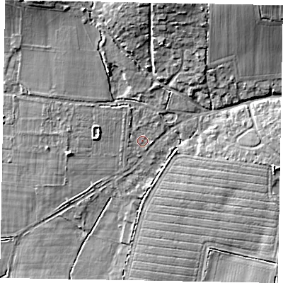 Shaded relief map of the ground around BN180AZ, computed from Environment Agency LiDAR. The ground here sits at about 12 m above sea level and falls 13 m across the surrounding 800 m. Surface water reaching this point runs off ground lying to the north-north-west, 1.8 m higher.
