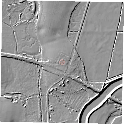 Shaded relief map of the ground around BN180BH, computed from Environment Agency LiDAR. The ground here sits at about 5 m above sea level and falls 8 m across the surrounding 800 m. The ground contributing surface water to this point lies to the west.