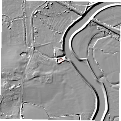 Shaded relief map of the ground around BN180BT, computed from Environment Agency LiDAR. The ground here sits at about 2 m above sea level and falls 8 m across the surrounding 800 m. Surface water reaching this point runs off ground lying to the west-south-west, 5.1 m higher.