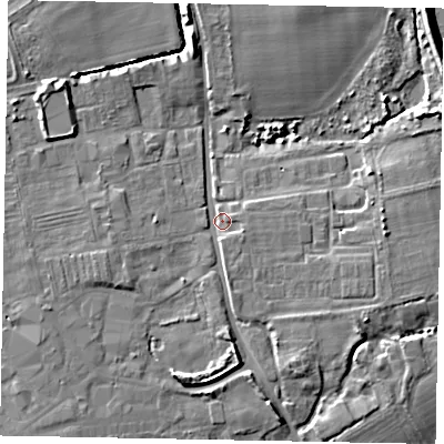 Shaded relief map of the ground around BN180BX, computed from Environment Agency LiDAR. The ground here sits at about 5 m above sea level and falls 10 m across the surrounding 800 m. Surface water reaching this point runs off ground lying to the south-south-west, 4.3 m higher.