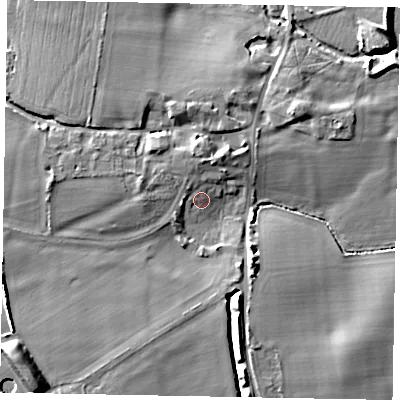 Shaded relief map of the ground around BN180DB, computed from Environment Agency LiDAR. The ground here sits at about 4 m above sea level and falls 14 m across the surrounding 800 m. Surface water reaching this point runs off ground lying to the north-west, 1.4 m higher.