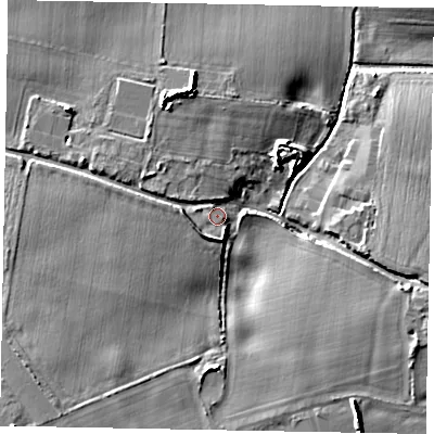 Shaded relief map of the ground around BN180DF, computed from Environment Agency LiDAR. The ground here sits at about 5 m above sea level and falls 8 m across the surrounding 800 m. Surface water reaching this point runs off ground lying to the west, 4.0 m higher.