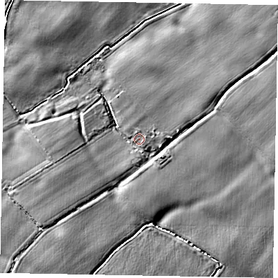 Shaded relief map of the ground around BN180EB, computed from Environment Agency LiDAR. The ground here sits at about 3 m above sea level and falls 5 m across the surrounding 800 m. Surface water reaching this point runs off ground lying to the east, 4.2 m higher.