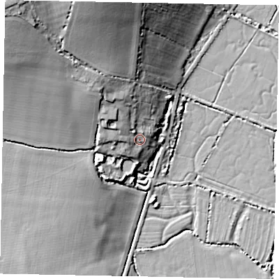 Shaded relief map of the ground around BN180FP, computed from Environment Agency LiDAR. The ground here sits at about 7 m above sea level and falls 25 m across the surrounding 800 m. Surface water reaching this point runs off ground lying to the north-west, 9.0 m higher.