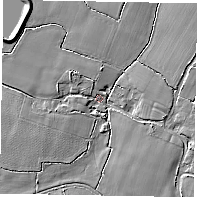 Shaded relief map of the ground around BN180JX, computed from Environment Agency LiDAR. The ground here sits at about 3 m above sea level and falls 7 m across the surrounding 800 m. Surface water reaching this point runs off ground lying to the north-west, 5.5 m higher.
