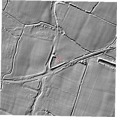 Shaded relief map of the ground around BN180JZ, computed from Environment Agency LiDAR. The ground here sits at about 3 m above sea level and falls 6 m across the surrounding 800 m. Surface water reaching this point runs off ground lying to the south, 2.6 m higher.