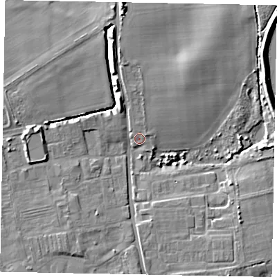 Shaded relief map of the ground around BN180TR, computed from Environment Agency LiDAR. The ground here sits at about 5 m above sea level and falls 10 m across the surrounding 800 m. Surface water reaching this point runs off ground lying to the east-north-east, 1.5 m higher.