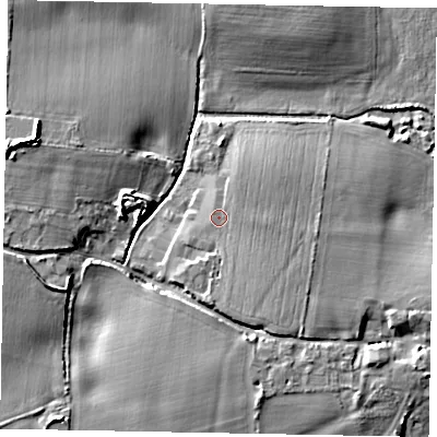 Shaded relief map of the ground around BN180UZ, computed from Environment Agency LiDAR. The ground here sits at about 4 m above sea level and falls 9 m across the surrounding 800 m. Surface water reaching this point runs off ground lying to the south-south-east, 2.4 m higher.