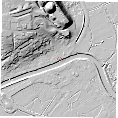Shaded relief map of the ground around BN189DF, computed from Environment Agency LiDAR. The ground here sits at about 4 m above sea level and falls 47 m across the surrounding 800 m. Surface water reaching this point runs off ground lying to the north-north-west, 23.2 m higher.