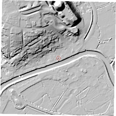 Shaded relief map of the ground around BN189DH, computed from Environment Agency LiDAR. The ground here sits at about 4 m above sea level and falls 47 m across the surrounding 800 m. Surface water reaching this point runs off ground lying to the north-west, 31.1 m higher.
