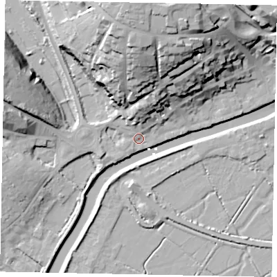 Shaded relief map of the ground around BN189DP, computed from Environment Agency LiDAR. The ground here sits at about 5 m above sea level and falls 35 m across the surrounding 800 m. Surface water reaching this point runs off ground lying to the north, 10.6 m higher.