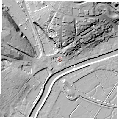 Shaded relief map of the ground around BN189DT, computed from Environment Agency LiDAR. The ground here sits at about 4 m above sea level and falls 35 m across the surrounding 800 m. Surface water reaching this point runs off ground lying to the north, 30.8 m higher.