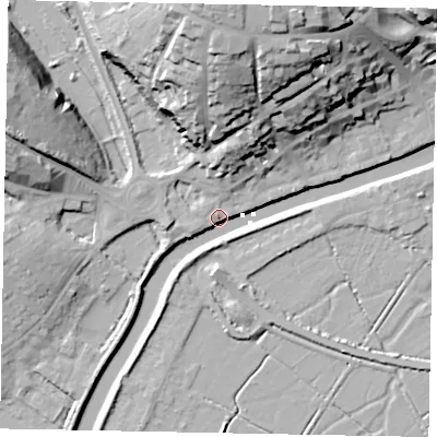 Shaded relief map of the ground around BN189DU, computed from Environment Agency LiDAR. The ground here sits at about 4 m above sea level and falls 35 m across the surrounding 800 m. Surface water reaching this point runs off ground lying to the north, 34.4 m higher.