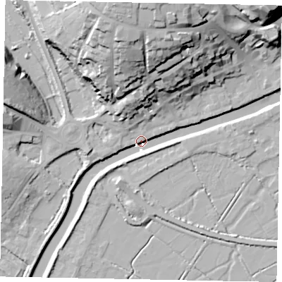 Shaded relief map of the ground around BN189DW, computed from Environment Agency LiDAR. The ground here sits at about 4 m above sea level and falls 35 m across the surrounding 800 m. Surface water reaching this point runs off ground lying to the north, 34.8 m higher.