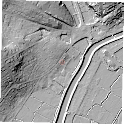 Shaded relief map of the ground around BN189DX, computed from Environment Agency LiDAR. The ground here sits at about 5 m above sea level and falls 34 m across the surrounding 800 m. Surface water reaching this point runs off ground lying to the north-west, 5.2 m higher.