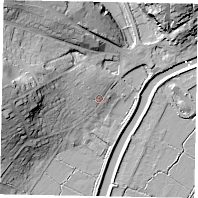 Shaded relief map of the ground around BN189EA, computed from Environment Agency LiDAR. The ground here sits at about 7 m above sea level and falls 35 m across the surrounding 800 m. Surface water reaching this point runs off ground lying to the north-west, 5.2 m higher.