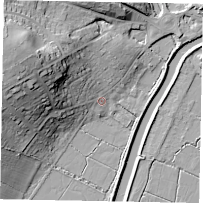 Shaded relief map of the ground around BN189EB, computed from Environment Agency LiDAR. The ground here sits at about 4 m above sea level and falls 36 m across the surrounding 800 m. Surface water reaching this point runs off ground lying to the west-north-west, 20.4 m higher.
