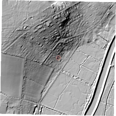 Shaded relief map of the ground around BN189EU, computed from Environment Agency LiDAR. The ground here sits at about 6 m above sea level and falls 37 m across the surrounding 800 m. Surface water reaching this point runs off ground lying to the north-north-west, 27.4 m higher.