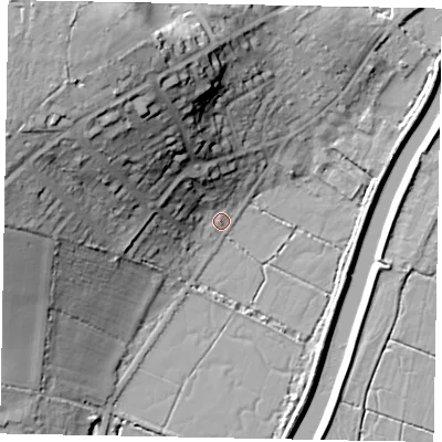 Shaded relief map of the ground around BN189EX, computed from Environment Agency LiDAR. The ground here sits at about 3 m above sea level and falls 37 m across the surrounding 800 m. Surface water reaching this point runs off ground lying to the north-north-west, 33.5 m higher.