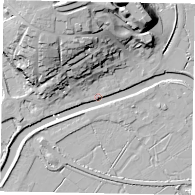 Shaded relief map of the ground around BN189EY, computed from Environment Agency LiDAR. The ground here sits at about 3 m above sea level and falls 39 m across the surrounding 800 m. Surface water reaching this point runs off ground lying to the north-north-west, 34.0 m higher.