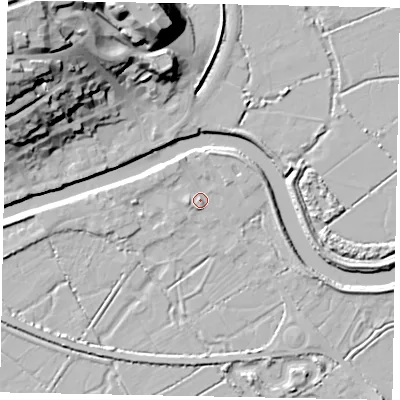 Shaded relief map of the ground around BN189FE, computed from Environment Agency LiDAR. The ground here sits at about 4 m above sea level and falls 34 m across the surrounding 800 m. Surface water reaching this point runs off ground lying to the north-north-west, 1.9 m higher.