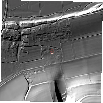 Shaded relief map of the ground around BN189FF, computed from Environment Agency LiDAR. The ground here sits at about 8 m above sea level and falls 87 m across the surrounding 800 m. Surface water reaching this point runs off ground lying to the east, 2.7 m higher.