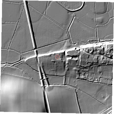 Shaded relief map of the ground around BN189FL, computed from Environment Agency LiDAR. The ground here sits at about 8 m above sea level and falls 20 m across the surrounding 800 m. Surface water reaching this point runs off ground lying to the west-north-west, 1.4 m higher.