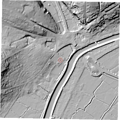 Shaded relief map of the ground around BN189FN, computed from Environment Agency LiDAR. The ground here sits at about 3 m above sea level and falls 30 m across the surrounding 800 m. Surface water reaching this point runs off ground lying to the west-north-west, 12.4 m higher.