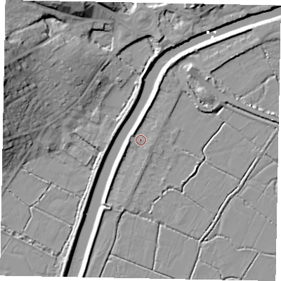 Shaded relief map of the ground around BN189JF, computed from Environment Agency LiDAR. The ground here sits at about 3 m above sea level and falls 20 m across the surrounding 800 m. Surface water reaching this point runs off ground lying to the north-east, 4.7 m higher.