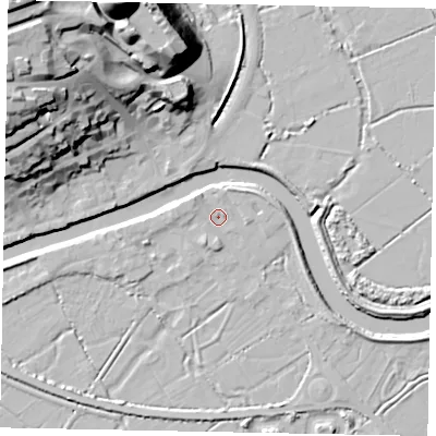 Shaded relief map of the ground around BN189JG, computed from Environment Agency LiDAR. The ground here sits at about 3 m above sea level and falls 46 m across the surrounding 800 m. Surface water reaching this point runs off ground lying to the north-west, 1.6 m higher.