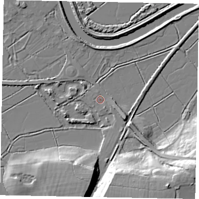 Shaded relief map of the ground around BN189JL, computed from Environment Agency LiDAR. The ground here sits at about 2 m above sea level and falls 27 m across the surrounding 800 m. Surface water reaching this point runs off ground lying to the east-south-east, 1.7 m higher.