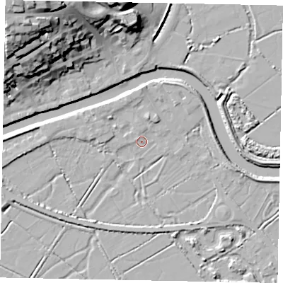 Shaded relief map of the ground around BN189JN, computed from Environment Agency LiDAR. The ground here sits at about 2 m above sea level and falls 33 m across the surrounding 800 m. Surface water reaching this point runs off ground lying to the north-north-east, 2.7 m higher.
