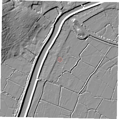 Shaded relief map of the ground around BN189JP, computed from Environment Agency LiDAR. The ground here sits at about 2 m above sea level and falls 16 m across the surrounding 800 m. Surface water reaching this point runs off ground lying to the east-south-east, 1.9 m higher.