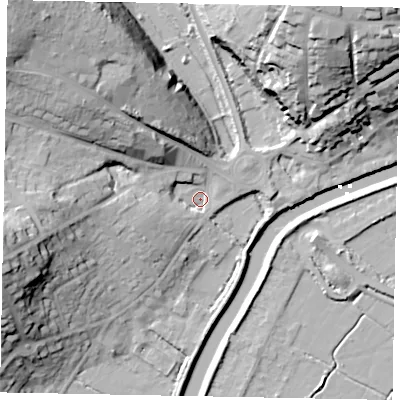 Shaded relief map of the ground around BN189JQ, computed from Environment Agency LiDAR. The ground here sits at about 3 m above sea level and falls 35 m across the surrounding 800 m. Surface water reaching this point runs off ground lying to the west-south-west, 8.2 m higher.