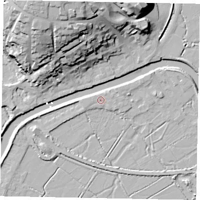 Shaded relief map of the ground around BN189JS, computed from Environment Agency LiDAR. The ground here sits at about 3 m above sea level and falls 35 m across the surrounding 800 m. Surface water reaching this point runs off ground lying to the west-south-west, 0.7 m higher.