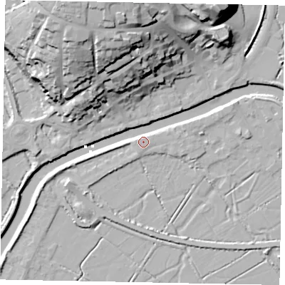 Shaded relief map of the ground around BN189JT, computed from Environment Agency LiDAR. The ground here sits at about 3 m above sea level and falls 35 m across the surrounding 800 m. Surface water reaching this point runs off ground lying to the south-east, 3.5 m higher.