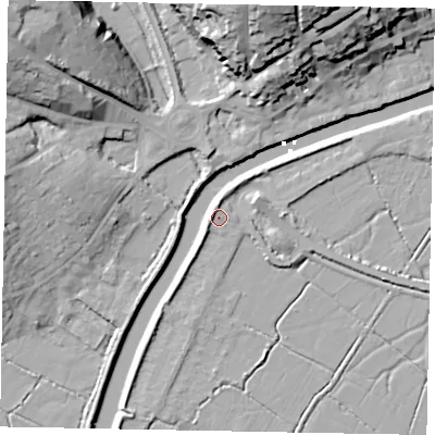 Shaded relief map of the ground around BN189JU, computed from Environment Agency LiDAR. The ground here sits at about 3 m above sea level and falls 28 m across the surrounding 800 m. Surface water reaching this point runs off ground lying to the north-north-east, 28.3 m higher.