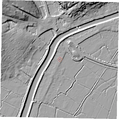 Shaded relief map of the ground around BN189JY, computed from Environment Agency LiDAR. The ground here sits at about 2 m above sea level and falls 23 m across the surrounding 800 m. Surface water reaching this point runs off ground lying to the north-north-east, 4.7 m higher.