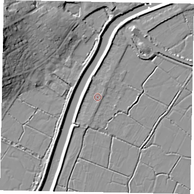 Shaded relief map of the ground around BN189JZ, computed from Environment Agency LiDAR. The ground here sits at about 2 m above sea level and falls 21 m across the surrounding 800 m. Surface water reaching this point runs off ground lying to the north-north-east, 2.9 m higher.