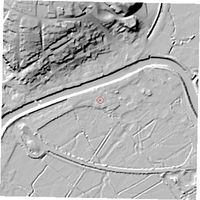 Shaded relief map of the ground around BN189LF, computed from Environment Agency LiDAR. The ground here sits at about 3 m above sea level and falls 35 m across the surrounding 800 m. Surface water reaching this point runs off ground lying to the west, 0.7 m higher.