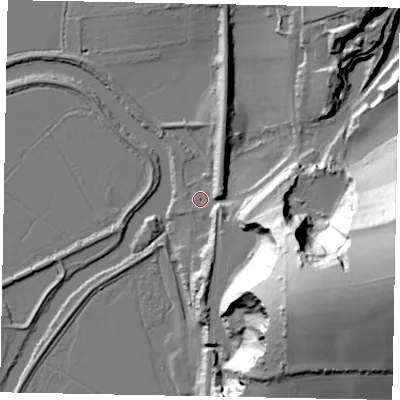 Shaded relief map of the ground around BN189LP, computed from Environment Agency LiDAR. The ground here sits at about 4 m above sea level and falls 79 m across the surrounding 800 m. Surface water reaching this point runs off ground lying to the east-south-east, 78.2 m higher.
