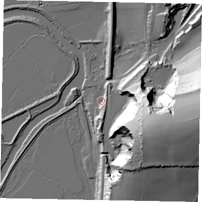 Shaded relief map of the ground around BN189LR, computed from Environment Agency LiDAR. The ground here sits at about 4 m above sea level and falls 79 m across the surrounding 800 m. Surface water reaching this point runs off ground lying to the east-south-east, 65.7 m higher.