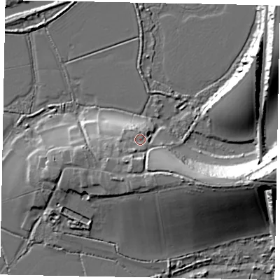 Shaded relief map of the ground around BN189LS, computed from Environment Agency LiDAR. The ground here sits at about 12 m above sea level and falls 27 m across the surrounding 800 m. Surface water reaching this point runs off ground lying to the south, 4.1 m higher.