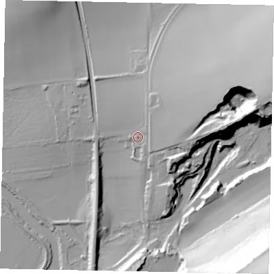 Shaded relief map of the ground around BN189LT, computed from Environment Agency LiDAR. The ground here sits at about 15 m above sea level and falls 76 m across the surrounding 800 m. Surface water reaching this point runs off ground lying to the north-north-east, 4.7 m higher.