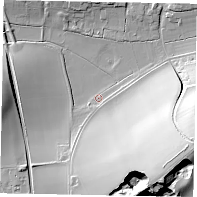 Shaded relief map of the ground around BN189LU, computed from Environment Agency LiDAR. The ground here sits at about 4 m above sea level and falls 50 m across the surrounding 800 m. Surface water reaching this point runs off ground lying to the east-south-east, 49.6 m higher.