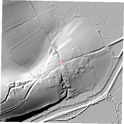 Shaded relief map of the ground around BN189LW, computed from Environment Agency LiDAR. The ground here sits at about 19 m above sea level and falls 57 m across the surrounding 800 m. Surface water reaching this point runs off ground lying to the south-south-west, 7.9 m higher.