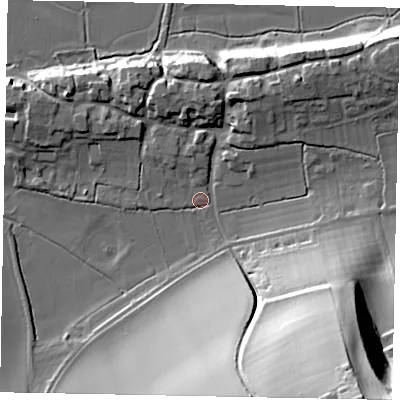 Shaded relief map of the ground around BN189NA, computed from Environment Agency LiDAR. The ground here sits at about 6 m above sea level and falls 63 m across the surrounding 800 m. Surface water reaching this point runs off ground lying to the south-east, 59.1 m higher.