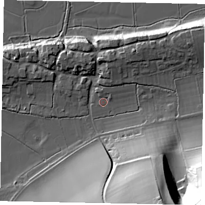 Shaded relief map of the ground around BN189NB, computed from Environment Agency LiDAR. The ground here sits at about 6 m above sea level and falls 69 m across the surrounding 800 m. Surface water reaching this point runs off ground lying to the north, 2.5 m higher.