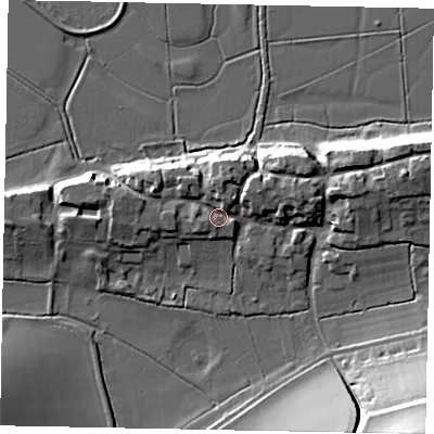 Shaded relief map of the ground around BN189ND, computed from Environment Agency LiDAR. The ground here sits at about 9 m above sea level and falls 36 m across the surrounding 800 m. Surface water reaching this point runs off ground lying to the north, 4.6 m higher.
