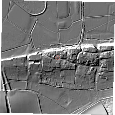 Shaded relief map of the ground around BN189NF, computed from Environment Agency LiDAR. The ground here sits at about 10 m above sea level and falls 21 m across the surrounding 800 m. Surface water reaching this point runs off ground lying to the west-north-west, 3.5 m higher.